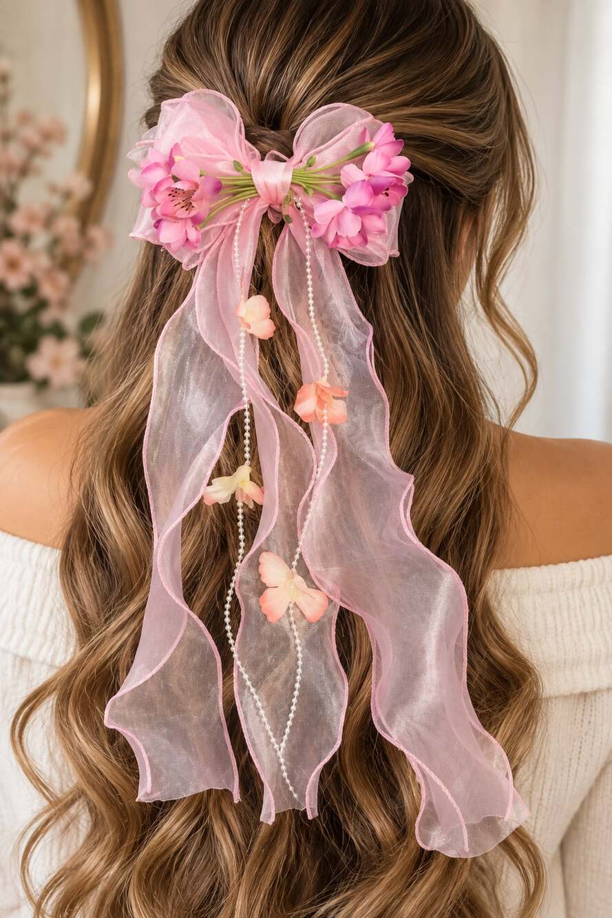 Coquette Fairycore Oversized Pink Floral Organza Long Tail Hair Bow
